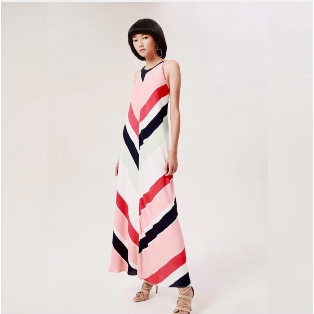 ZFRF Pink Chevron Geometric Maxi Dress Halter Sleeveless Boho M NWT